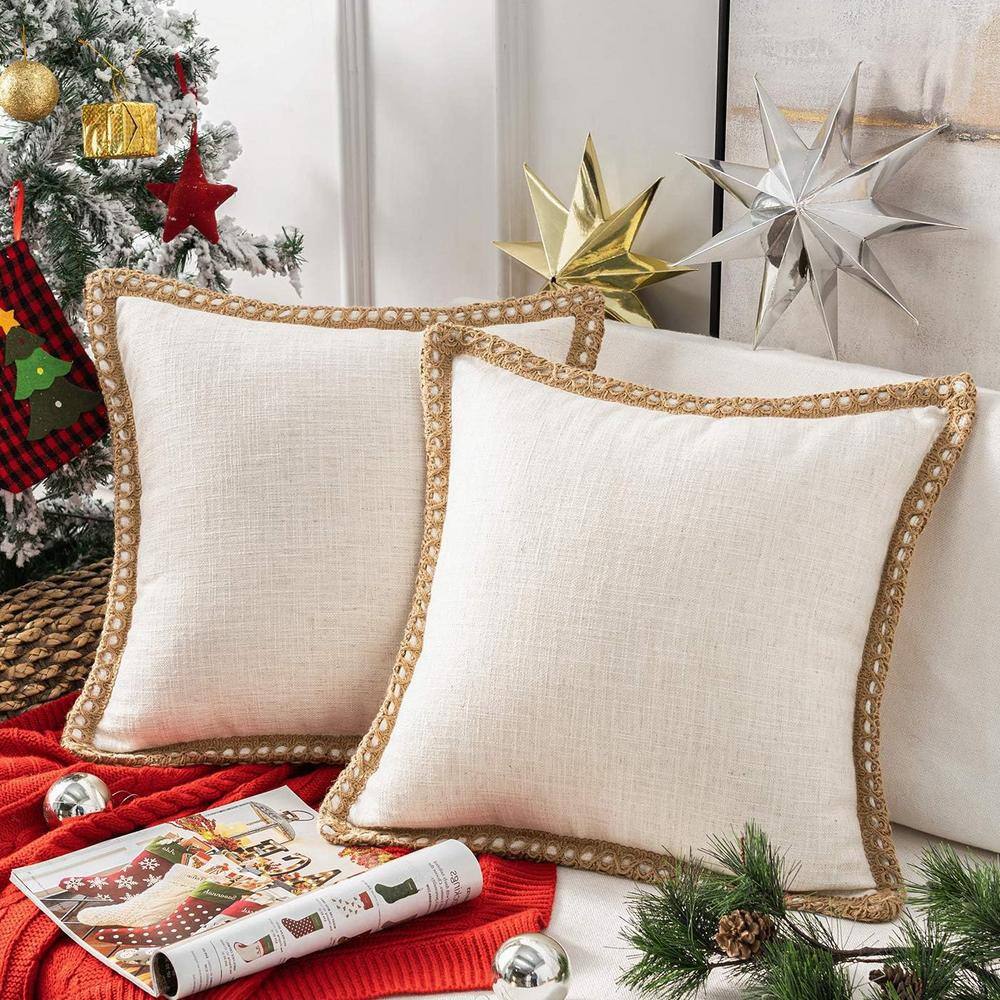Off White Pack of 2 Christmas Decorative Throw Pillow Cover Burlap Linen Tr