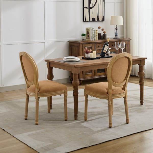 aisword Tan French Style Antique Painting Linen Dining Chair with Nailhead Trim, Solid Wood Frame, Set of 2