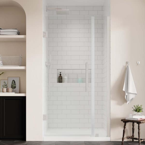 OVE Decors Tampa-Pro 32 in. L x 32 in. W x 75 in. H Alcove Shower Kit w/ Pivot Frameless Shower Door in Satin Nickel and Shower Pan