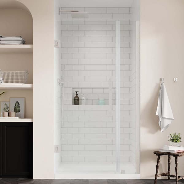 OVE Decors Tampa-Pro 34 in. L x 32 in. W x 75 in. H Alcove Shower Kit w/ Pivot Frameless Shower Door in Satin Nickel and Shower Pan