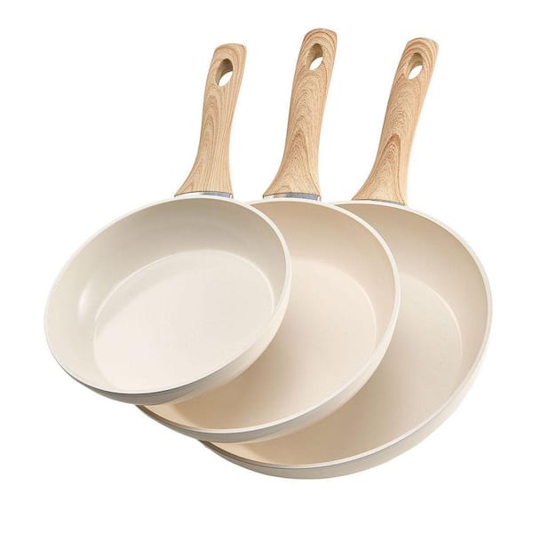 Frying Pan Skillet, 3 Piece Aluminum Egg Fry Pans,Nonsitck Ceramic Heavy-Duty Skillets with Heat-Resistant Handle,Beige