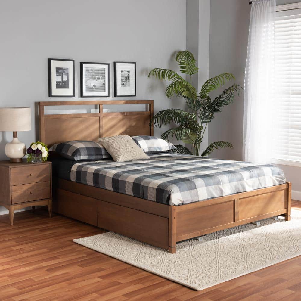 Walnut Brown Full Size Wood Storage Bed with Tufted Upholstery