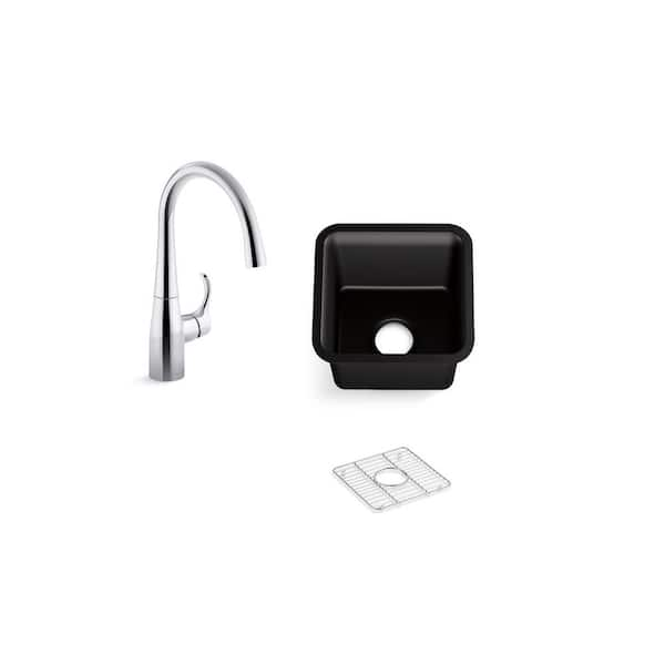 KOHLER Cairn Black Granite Composite 16 in. Undermount Bar Sink with Simplice Faucet