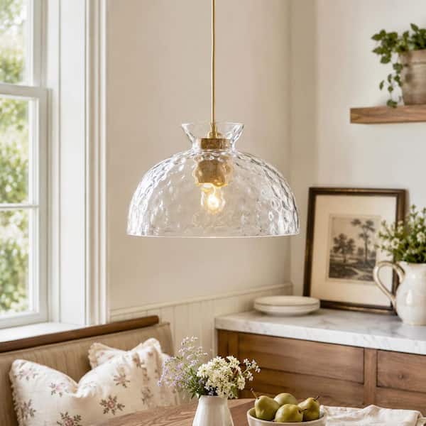 1-Light Modern Brass Bowl Clear Hammered Glass Shade Pendant Light for Kitchen Island Dining Room