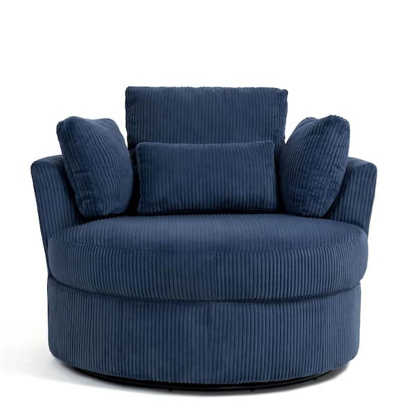 Navy Blue Corduroy Fabric Upholstered 360° Swivel Accent Barrel Chair with Pillows (Set of 1)