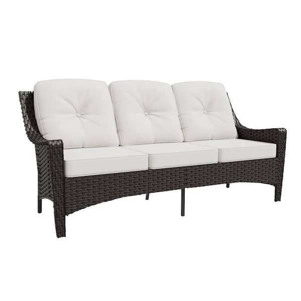 3-Seat Brown Wicker Outdoor Couch Patio Sofa with Deep Seating and Beige Cushions