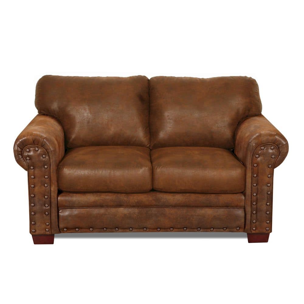 Brown Faux Leather Nailhead Loveseat with Pillow-top Arms