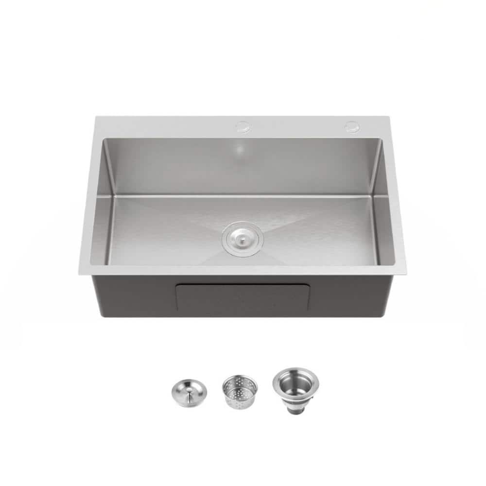 30 in. Drop-In Single Bowl 20 Gauge Silver Stainless Steel Kitchen Sink with Drain and Hook