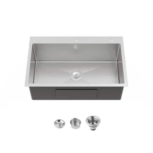 30 in. Drop-In Single Bowl 20 Gauge Silver Stainless Steel Kitchen Sink with Drain and Hook
