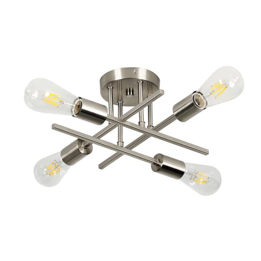 MultiEase 14 in. 4-Light Brushed Nickle Semi Flush Mount Ceiling Light Modern Industrial Sputnik Chandelier Light, E26 Bulb Socket, image size:1000x1000