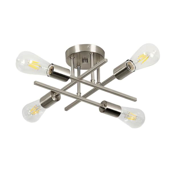 14 in. 4-Light Brushed Nickle Semi Flush Mount Ceiling Light Modern Industrial Sputnik Chandelier Light, E26 Bulb Socket
