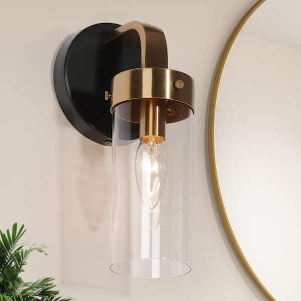 4.7 in. Modern 1-Light Brass Gold Wall Sconce, Black Vanity Light with Cylinder Clear Glass Shade, Classic Wall Light