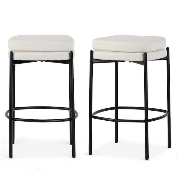 Glamour Home Avril 27 in. White Boucle Backless Metal Counter Stool with Black Metal Legs Set of 2