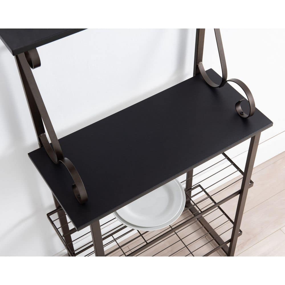 Pewter and Black Metal Baker's Rack with Wood Shelves
