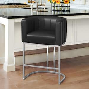 Siska 26 in. Modern Black Faux Leather Upholstered Counter Stool with Silver Metal Frame Barrel Counter Bar Stool