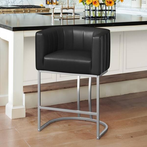 LUE BONA Siska 26 in. Modern Black Faux Leather Upholstered Counter Stool with Silver Metal Frame Barrel Counter Bar Stool