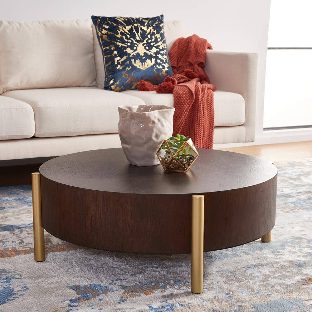 Diangela Round Dark Oak and Gold Coffee Table with Veneer Top