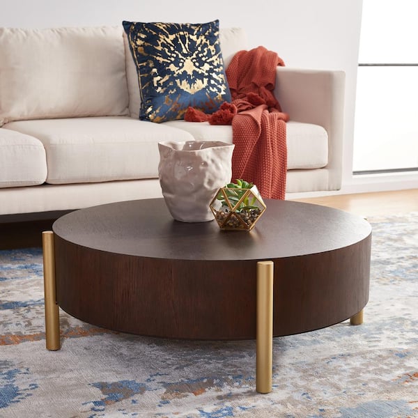 Diangela 34 in. Dark Oak/Gold Round Wood Coffee Table