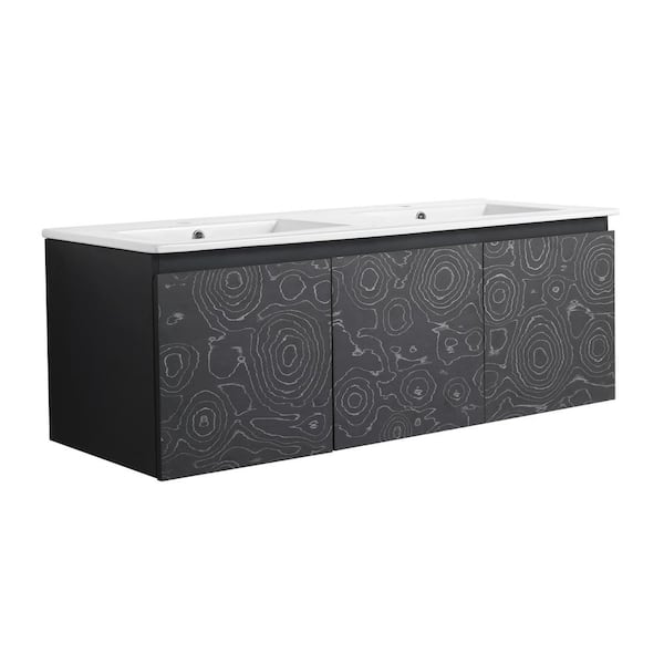 48 in. W x 18.30 in. D x 17.30 in. H Dual Sink Wall-Mounted Bath Vanity in Black Wood Grain with White Ceramic Sink