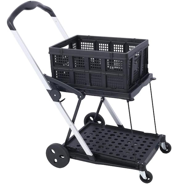Tatayosi 2-Tier Collapsible Utility Cart, Multi Use Functional Collapsible Shopping Carts with Baskets, Black