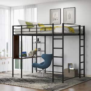 Black Full Size Metal Loft Bed with Brown Built-in Desk and 2-Shelves, 2-Ladders