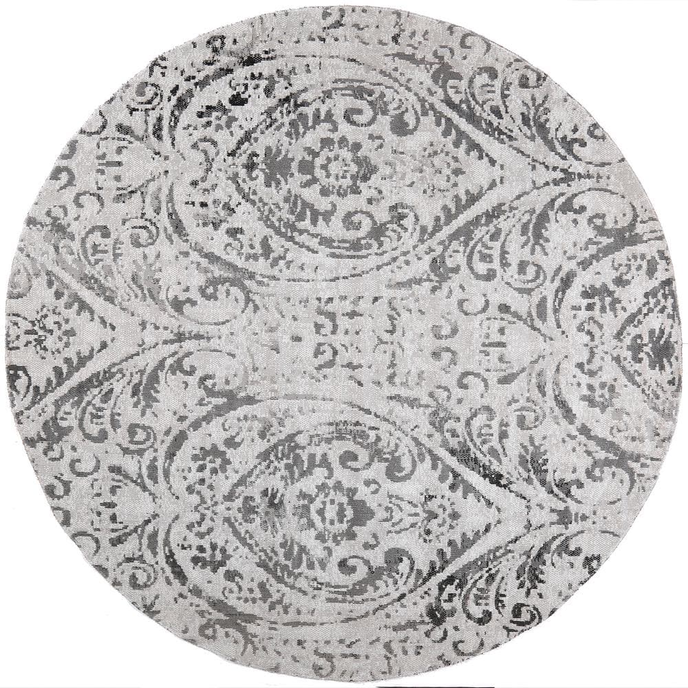 Ivory and Grey Round Synthetic Paisley Area Rug
