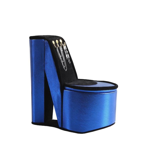 9 in. High Heel Shoe Design Jewelry Box w/ Hooks, Stylish Storage for Rings & Accessories, 3 Mounted Hooks, Blue Velvet