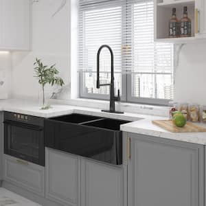 33 in. Farmhouse/Apron-Front Double Bowl Stripes Design Reversible Installation Fireclay Kitchen Sink with Accessories