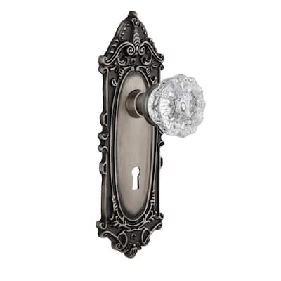 Victorian Plate with Keyhole 2-3/8 in. Backset Antique Pewter Privacy Bed/Bath Crystal Glass Door Knob