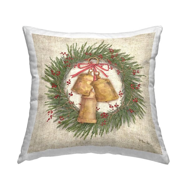 Stupell Industries Festive Bells Wreath Green Abstract Polyester 18 in. X 18in. Throw Pillow