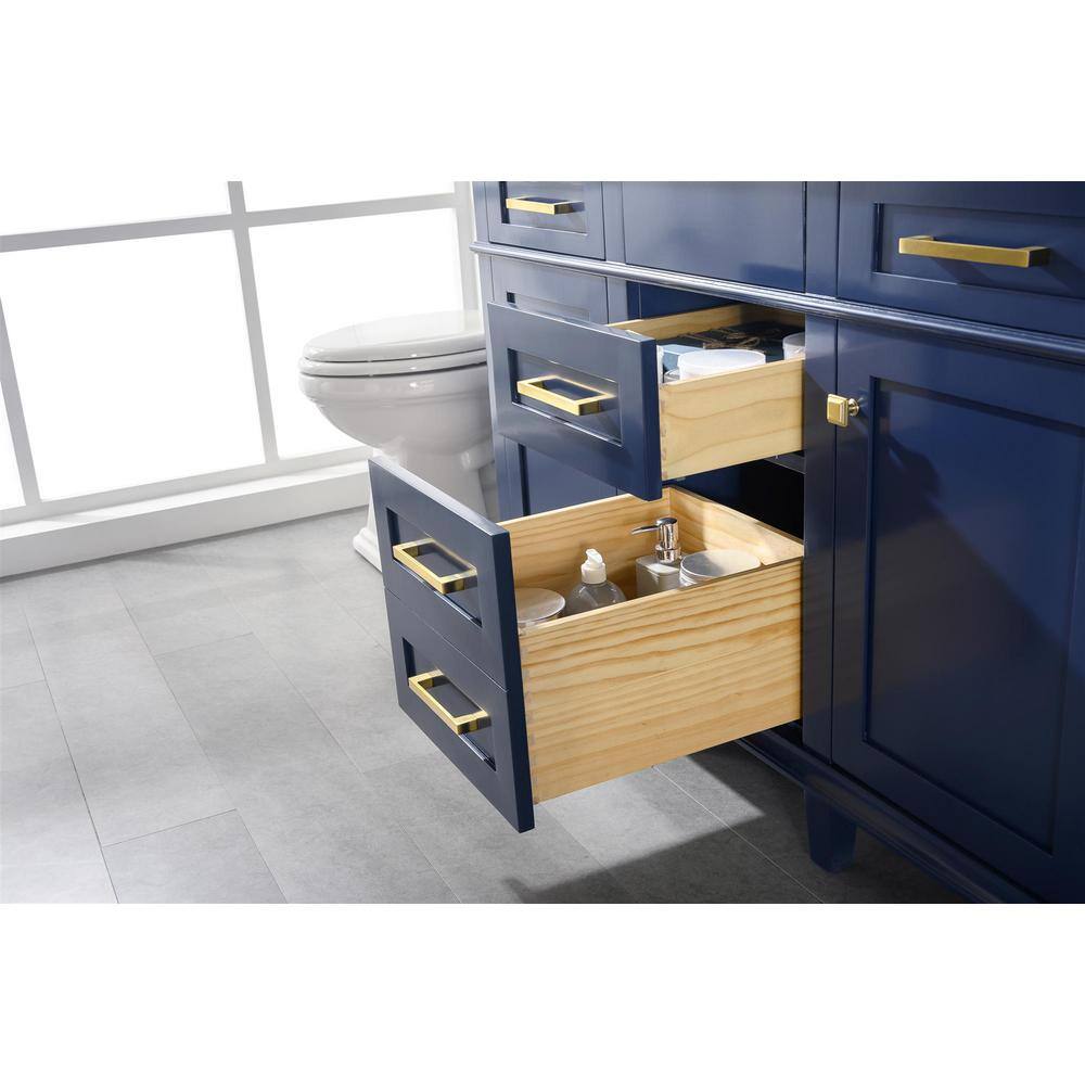 54 in. Navy Blue Double Sink Vanity with Carrara White Marble Top