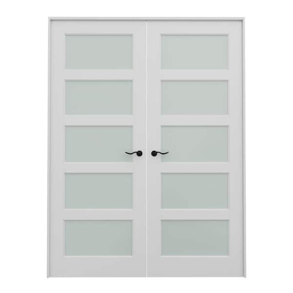 ARK DESIGN 60 in. x 96 in. Universal Handed 5-Lite Frosted Glass White Solid Core MDF Double Prehung French Door with Assemble Jamb