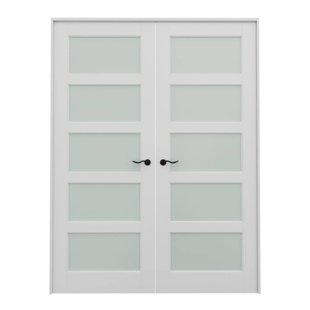 56 in. x 80 in. White Frosted Glass Solid Core MDF Double Prehung French Door