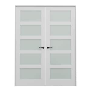 64 in. x 80 in. Universal Handed 5-Lite Frosted Glass White Solid Core MDF Double Prehung French Door with Assemble Jamb