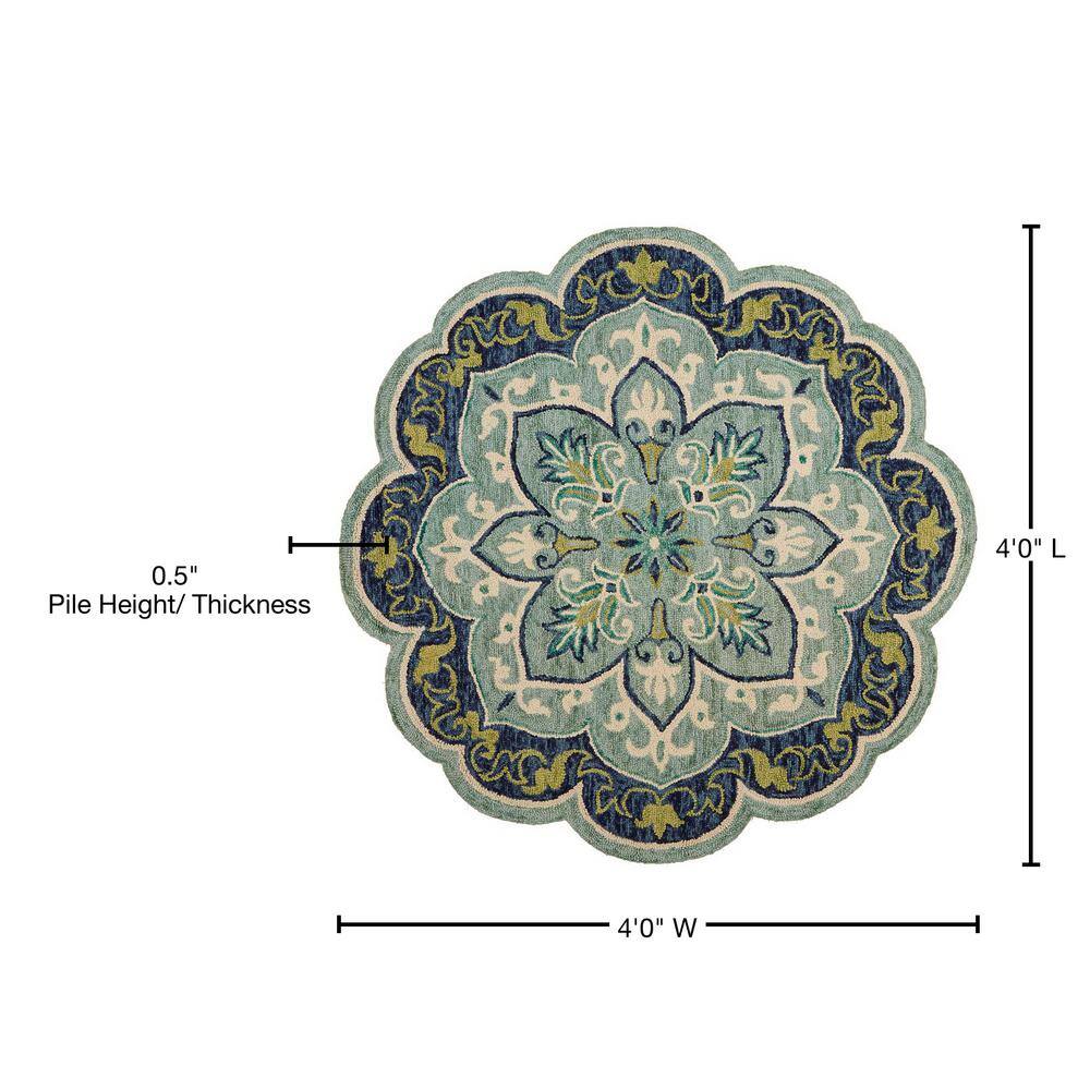 Handmade Round Blue Floral Tufted Wool Area Rug, 48" Diameter