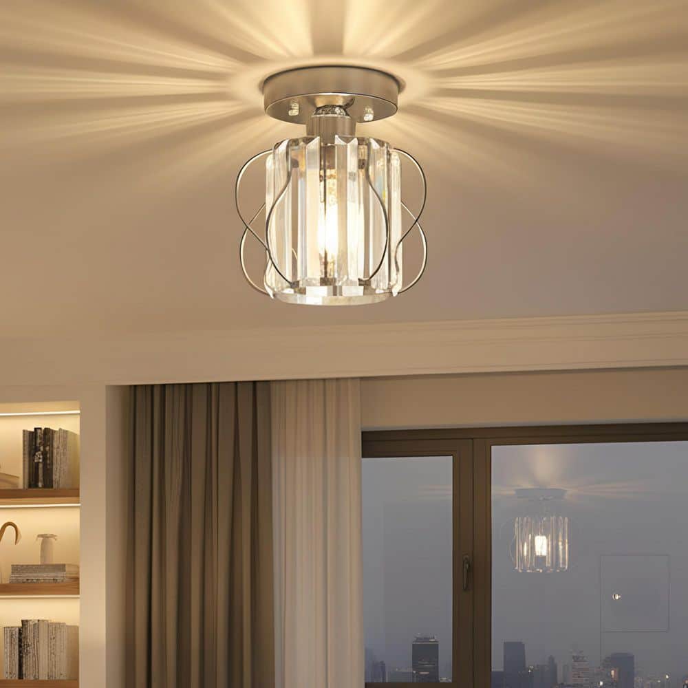 YANSUN 7 in. 1-Light Chrome Crystal Semi Flush Mount Ceiling Light ...
