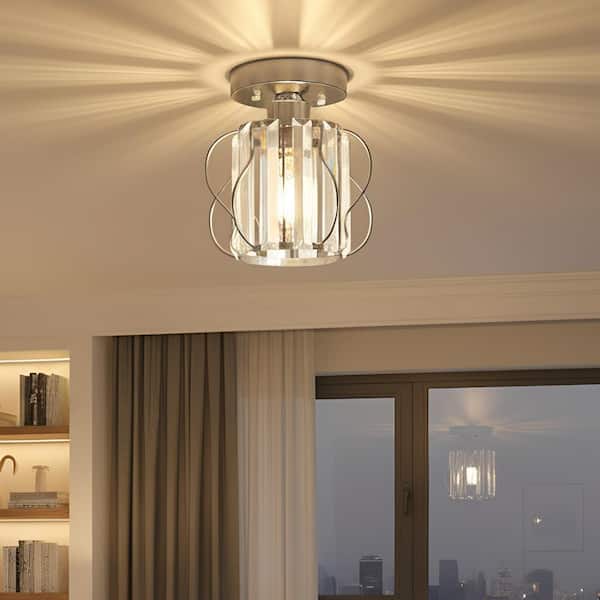 7 in. 1-Light Chrome Crystal Semi Flush Mount Ceiling Light Fixture, E26 Hallway Chandelier for Entry, Bedroom Bathroom