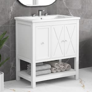 30 in. W x 18 in. D x 34 in. H Single Sink Freestanding White Bath Vanity with White Ceramic Top