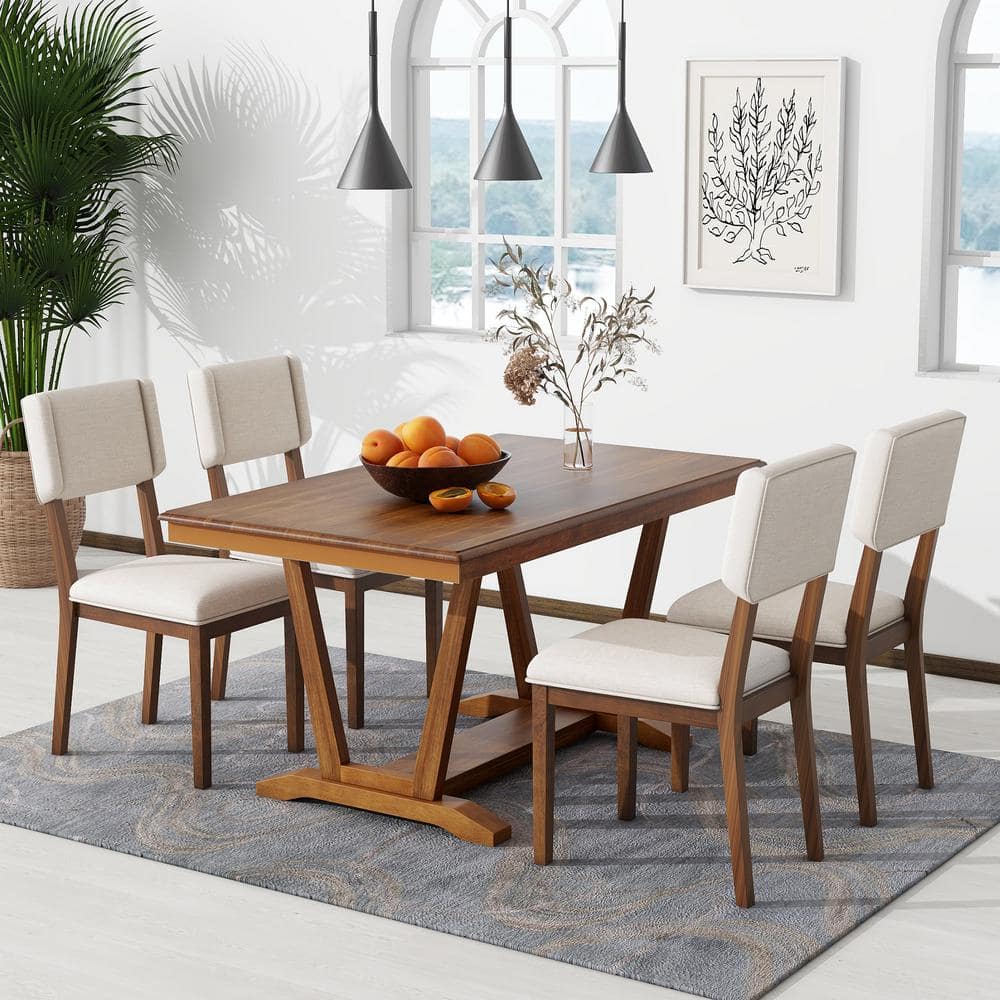 Walnut 5-Piece Wood Outdoor Dining Rectangular Table Set with 4 Upholstered