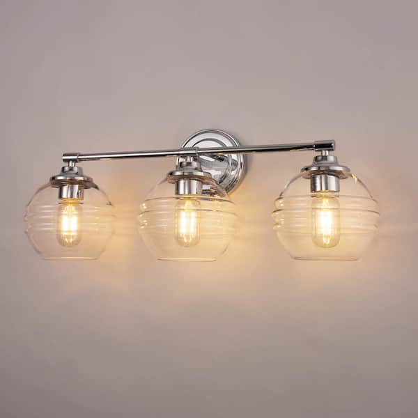 23 in. 3-Light Chrome Modern Globe Bathroom Vanity Light with Clear Glass Shades
