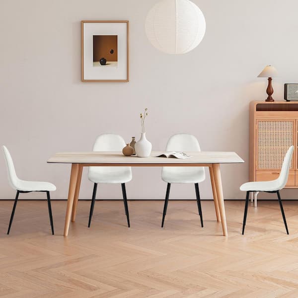 Mid-Century Modern Beige Nylon Fabric Upholstered Dining Chairs Set, Kitchen Chairs with Metal Legs for Dining Room