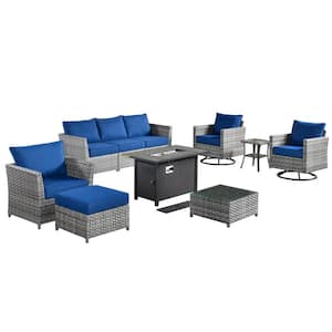 Eufaula Gray 10-Piece Wicker Patio Fire Pit Conversation Sofa Set with Swivel Rocking Chairs and Navy Blue Cushions