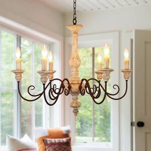 6-Light French Country Weathered Wood Chandelier, Shabby Chic Wooden Chandelier for Living Room, Dining Room