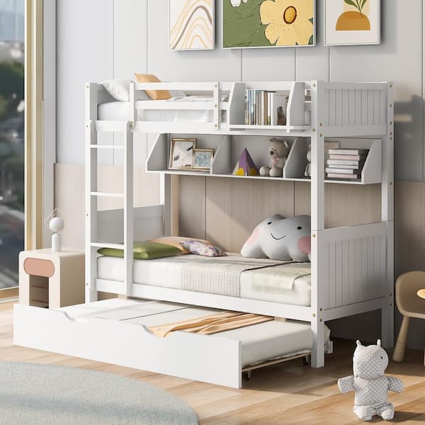 Harper & Bright Designs White Twin over Twin Wood Separable Bunk Bed with Twin Size Trundle and Bookshelf