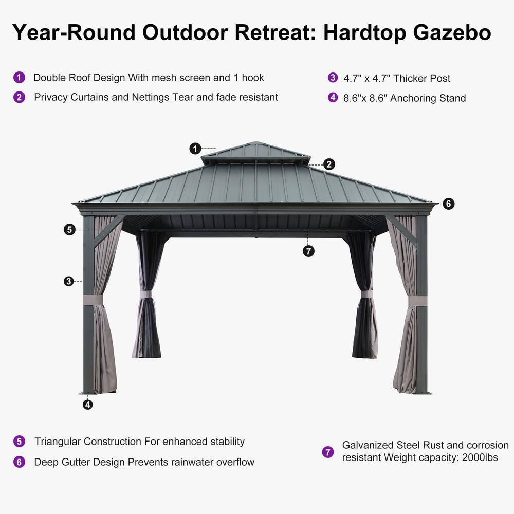 Grey 13' x 13' Gazebo with Galvanized Steel Roof and Curtains