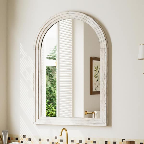 24 in. W x 36 in. H Arched Wooden Pale Taupe Framed Wall Vanity Mirror Bathroom Mirror