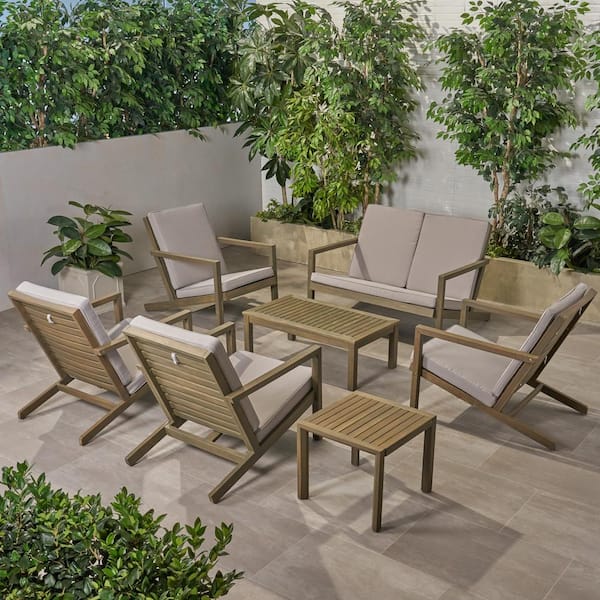 Noble House Leah Grey 7-Piece Wood Outdoor Patio Conversation Seating Set with Grey Cushions