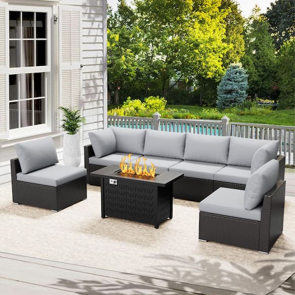 7-Piece Outdoor Furniture Set Manual Weaving Wicker Patio Sofa with 43 in. Fire Pit Table and Gray Cushion