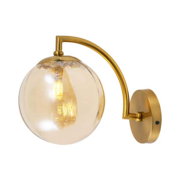 OUKANING 5.9 in. 1-Light Gold and Amber Modern Wall Sconce with Amber Glass Shade for Bedroom Living Room Hallway
