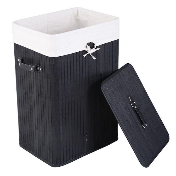 Black 12 in. x 24 in. Rectangle Bamboo Clothes Decorative Basket with Handles and Lid (Set of 1)